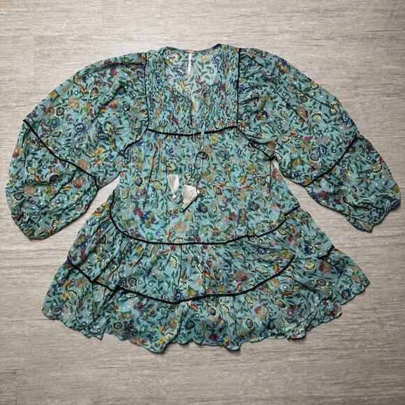 Free People Metallic Floral Midi Dress XS Puff Sleeve Light Blue Lined Oversized - Picture 1 of 9